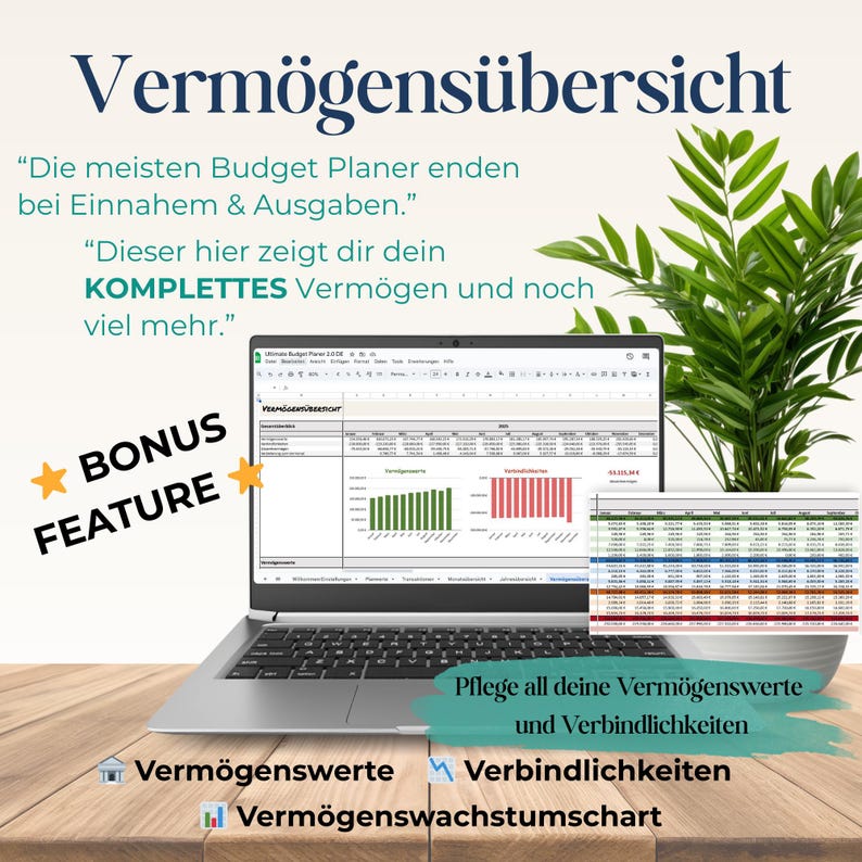 May include: A laptop displaying a financial spreadsheet with charts and graphs. Text includes "Verm&ouml;gens&uuml;bersicht" and "BONUS FEATURE". A small potted plant is in the background.