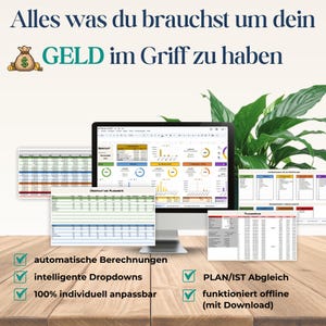 May include: A computer monitor displaying financial spreadsheets, with additional printouts of financial documents. The image includes the text "Alles was du brauchst um dein GELD im Griff zu haben" and checkmarks next to features like "automatic calculations" and "100% customizable."