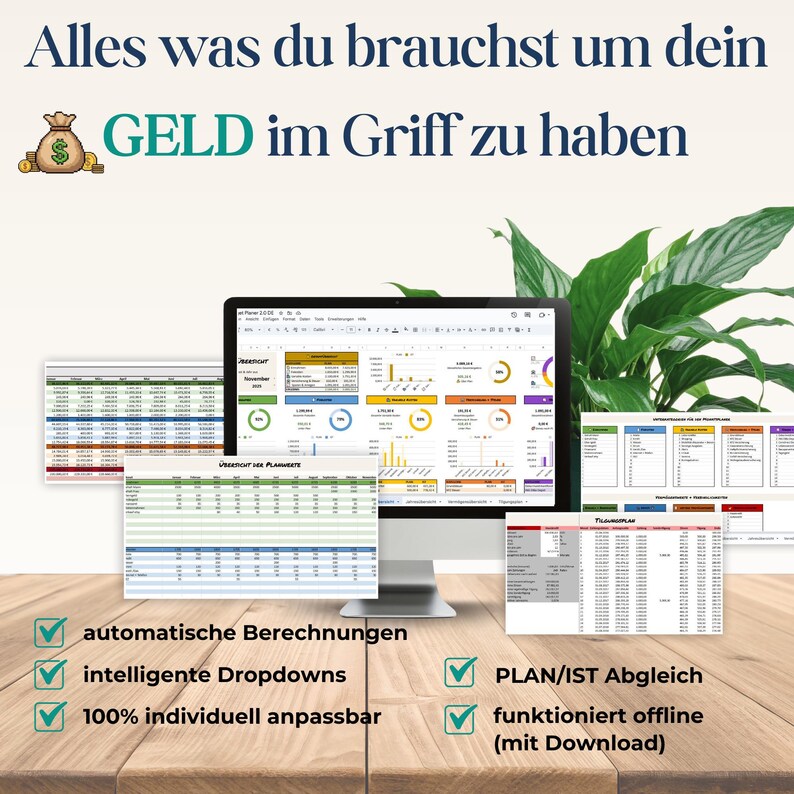May include: A computer monitor displaying financial spreadsheets, with additional printouts of financial documents. The image includes the text "Alles was du brauchst um dein GELD im Griff zu haben" and checkmarks next to features like "automatic calculations" and "100% customizable."