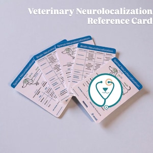 May include: A stack of veterinary reference cards with the text "Veterinary Neurolocalization Reference Card." The cards feature diagrams of a dog and medical information. The cards have a blue border and a logo with a stethoscope and a dog's face.
