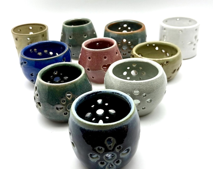 Handmade Ceramic Luminaria: Muted Glazes – Wheel-Thrown and Hand-Carved Tea Light Holder