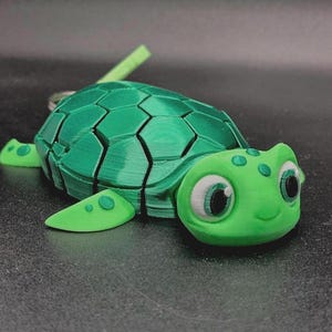 May include: A green 3D-printed turtle keychain. The turtle has a segmented shell, small flippers, and a smiling face with large eyes. The keychain ring is visible near the turtle's head. The turtle is resting on a dark surface.