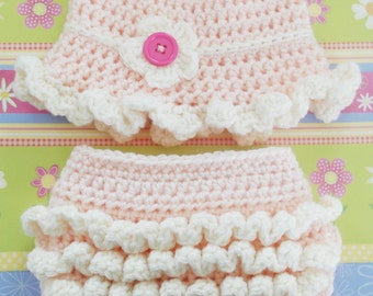 Patrón en PDF para cubrepañal de bebé con gorro a juego con volantes, patrón de ganchillo, patrón para bebé, gorro de bebé de ganchillo, cubrepañal de bebé