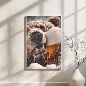 Bear Drinking Beer Art Print: Funny Man Cave Bar Decor (Digital Download)
