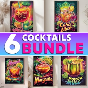 Set of 6 Cocktail Prints for Bar Cart Decor | Vintage Drink Posters | Alcohol Wall Art Kitchen Gallery Set | Mixology Gift for Home Bar