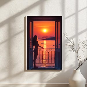 Red Sunset Beach Print: Surfer Girl Coastal Art (Digital Download)