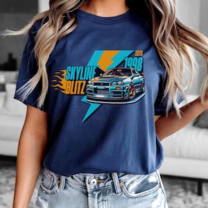 Skyline Blitz JDM T-Shirt | R34 GTR Car Graphic Tee | 90s Japanese Street Racer Shirt | Unisex Drift Racing Tee | Gift for Car Enthusiasts