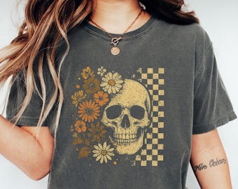 Vintage Skull and Flowers Shirt, Gothic Skull Shirt, Boho Skeleton Shirt, Halloween Shirt For Women, Dark Aesthetic Shirt, Grunge Sweatshirt