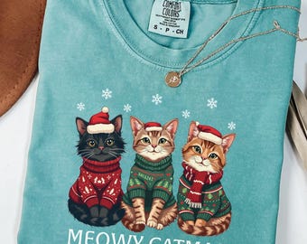 Meowy Catmas Comfort Colors® Shirt, Christmas Cat Sweatshirt, Cat Mom Christmas Shirt, Cat Lover Christmas Gift, Christmas Animal Sweatshirt