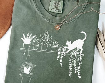 Cat And Plants Comfort Colors® Shirt, Gardening Shirt For Women, Plant Lover Sweatshirt, Gardener Gift, Succulent Lover Shirt, Botanical Tee