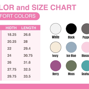 May include: Color and size chart for clothing with measurements in inches.  The chart shows sizes S through 4XL with corresponding width and length measurements.  The chart also shows color swatches for white, black, pepper, ivory, ice blue, blossom, berry, moss, and seafoam.