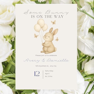 Bunny Baby Shower Invitation,  Easter Invitation, Beige Baby Shower Invitation Girl, Editable Template, Digital Download