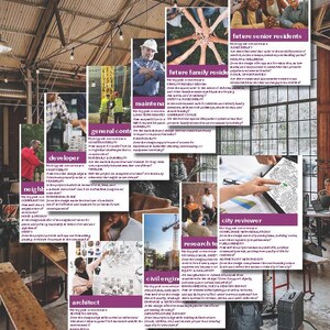 May include: An interior shot of a building with various images and text panels. The panels feature text about urban planning, including topics like future senior residents, family-friendly design, and city review. The overall theme is community development.