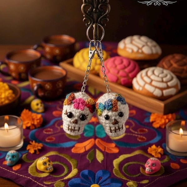 Crochet Sugar Skull Keychain – Handmade – Day of the Dead Party Favor or Keychain
