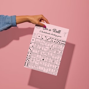 May include: A printable bachelorette party drinking game called "On a Roll" with a pink background and black text and icons. The game uses dice to determine which drinking game to play.
