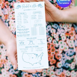 May include: A wedding program with a blue design, held by a person. The program includes the names "Rachel & Alex", the date, a timeline, ceremony details, and a map. The Canva Template logo is visible in the upper right corner.