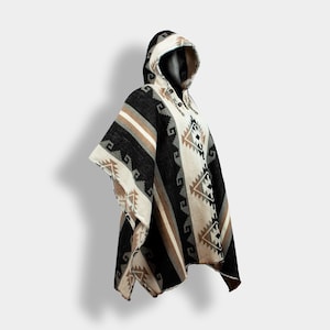 Wool Hooded Poncho | Boho Black Beige Wrap | Handmade in Ecuador | Unisex One-of-a-Kind Cape | Ethical Artisan Outerwear