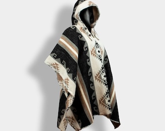Wool Hooded Poncho | Black Beige Boho Wrap, Handmade in Ecuador