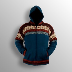 May include: A hooded zip-up jacket in teal blue with a patterned yoke and sleeves. The yoke features a repeating design of llamas in cream, red, and brown. The jacket has a full-length zipper and two front pockets.