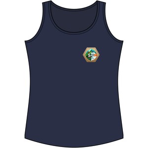 May include: Navy blue tank top with a small, hexagonal emblem on the chest. The emblem features a landscape design with the letters "S.C." and the words "SOLUTIONS" in white text.