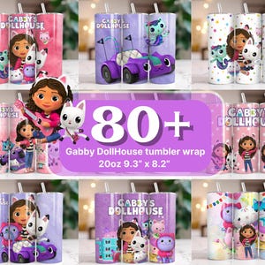 80+ lot d'emballages de gobelet maison de poupée Gabbys, emballage de gobelet skinny dessin animé pour enfants, sublimation de Gabby, gobelet Gabby 20 oz, emballage de gobelet Gabby's PNG
