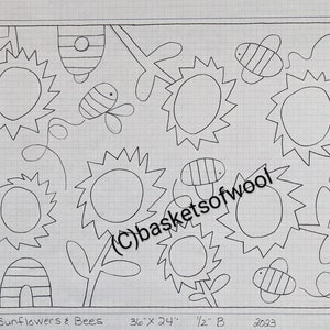 May include: Line drawing of sunflowers and bees on a grid background. The design includes several sunflowers, bees, and beehives. The text "Sunflowers & Bees" is at the bottom, with dimensions of 36" x 24".