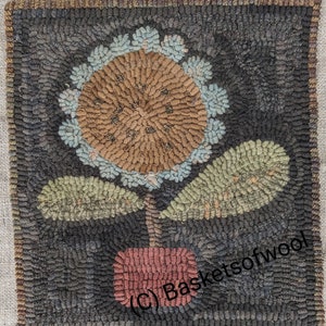 May include: Hand-hooked wool rug featuring a sunflower design. The flower has a brown center, blue-green petals, and green leaves. The background is dark gray, and the pot is reddish-brown. The rug is square and has a textured appearance.