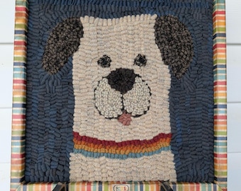 Primitive Folk Art Hooked Dog Rug Mat - Framed ~ BARK