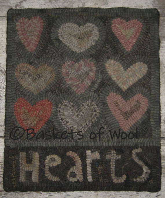 Primitive Folk Art Rug Hooking Pattern-Hearts