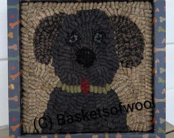 Primitive Folk Art Hooked Dog Rug Mat - Framed ~  MY DOG