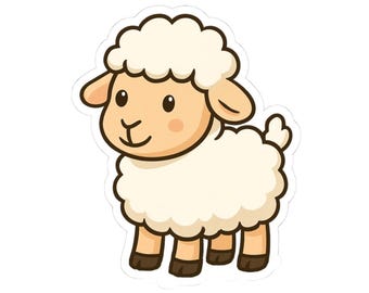May include: A sticker featuring a cartoon sheep with a fluffy, cream-colored body and a light brown face and legs. The sheep has a small, smiling mouth and rosy cheeks. The sticker is cut around the sheep's outline.