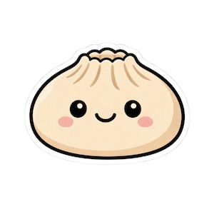 May include: A sticker featuring a cute cartoon dumpling with a smiling face. The dumpling is beige with a black outline, black eyes, pink cheeks, and a curved black mouth. The sticker has a white border.
