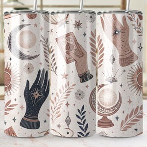 Celestial Tumbler Wrap, Tarot Hands Tumbler, Moon Star Tumbler Designs, Witchy Aesthetic Sublimation, Skinny Tumbler Template