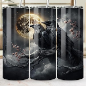 Raven Tumbler Wrap, 20oz Skinny Tumbler PNG, Moon and Birds Sublimation Designs, Gothic Tumbler Wrap, Digital Download