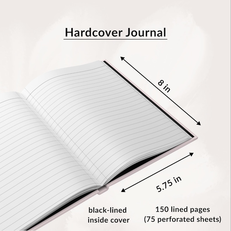 Puede incluir: Diario de tapa dura abierto con p&aacute;ginas rayadas. El diario mide 20 cm por 14,6 cm y tiene 150 p&aacute;ginas rayadas (75 hojas perforadas). El interior de la cubierta est&aacute; forrado en negro. El texto "Hardcover Journal" est&aacute; en la parte superior.