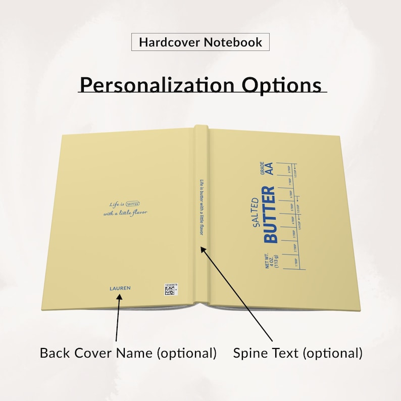 Puede incluir: Cuaderno de tapa dura abierto con una cubierta amarilla clara. El cuaderno presenta el texto "Life is butter with a little flavor" y "SALTED BUTTER" en las p&aacute;ginas interiores. La contraportada tiene el nombre "LAUREN".