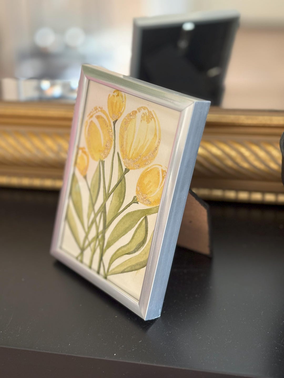 Watercolor Painting of Yellow Tulips With Gold Foil With Frame - Etsy