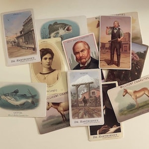 May include: A collection of vintage trading cards featuring illustrations of a catfish, a woman, a man with a rifle, and various scenes. The cards are from the late 19th or early 20th century, with text including "Dr. Hawthorne's" and "Millicent Cigarettes."
