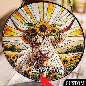 Personalized Highland Cow Gift, Glass Suncatcher for Cow Lover, Rustic Farmhouse Window Decor, Christmas Gift for Mom, Friend Birthday