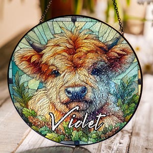 Highland Cow Glass Suncatcher, Window Hanging Farmhouse Decoration, Personalized Christmas Gift for Cow Lover