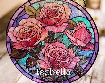 Custom Rose Birthflower Stained Glass Style Suncatcher, June Birthday Gift