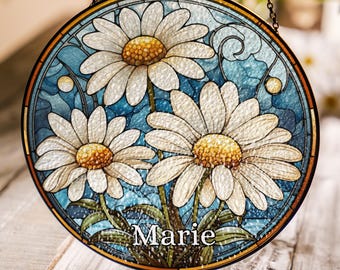Personalized Birthflower Stained Glass Style Suncatcher, Daisy April Birthday Gift for Her