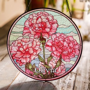 Personalized Birth Flower Stained Glass Style Suncatcher, Carnation January Birthday Gift for Her