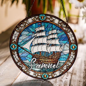 Sailboat Stained Glass Style Suncatcher, Personalized Gift for Sea Lover