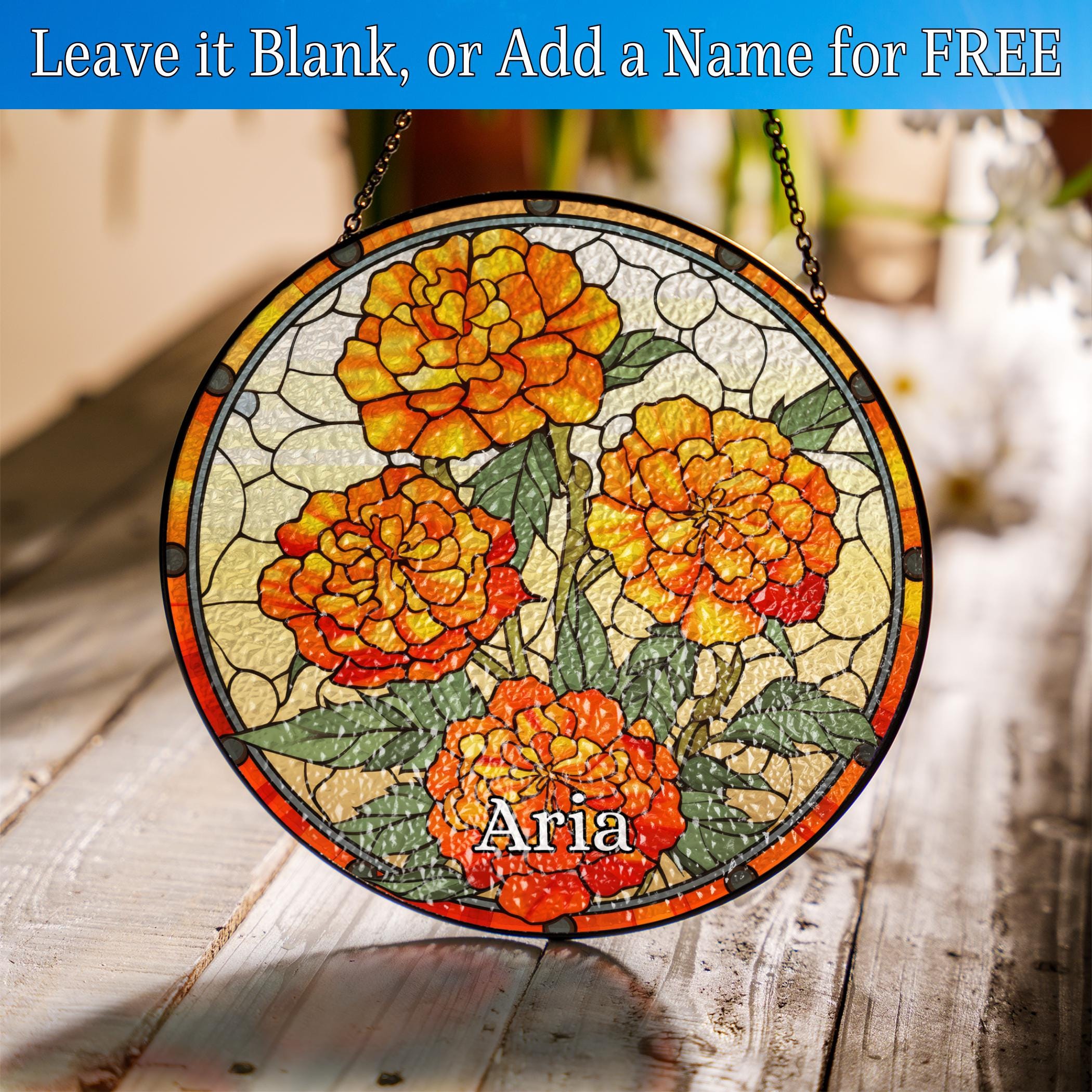 Personalized Birth Flower Suncatcher Stained Glass Style, Marigold October Birthday Gift for Her