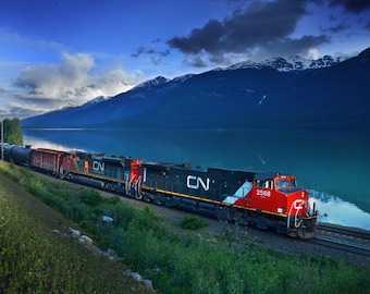CN Freight Train Print, Red Pass BC, Canadian Rockies Wall Art, Mountain Lake Landscape, Powerful Locomotive Photo, Railroad Gift