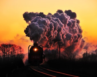 QJ Class Forward Steam Locomotive Print, First Sunrise of 2012 Rail Art, Jitong Railway Eternal Classic Wall Decor, Railway Photography