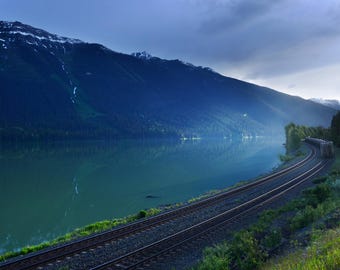 Grand Canadian Rockies Statement Piece, Winding Moose Lake Railway Print, Majestic Mountain Photography, Industrial Nature Wall Decor