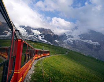 Jungfrau Railway Switzerland Photo, Alps Mountain Glacier Art Print, Swiss Red Train Window Reflection Poster, Industrial Power Photography