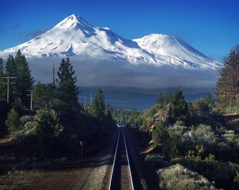 Mt Shasta California Railway Photo, Nature Landscape Print, Large Train Track Wall Statement Piece, Industrial Power Photography, Gift